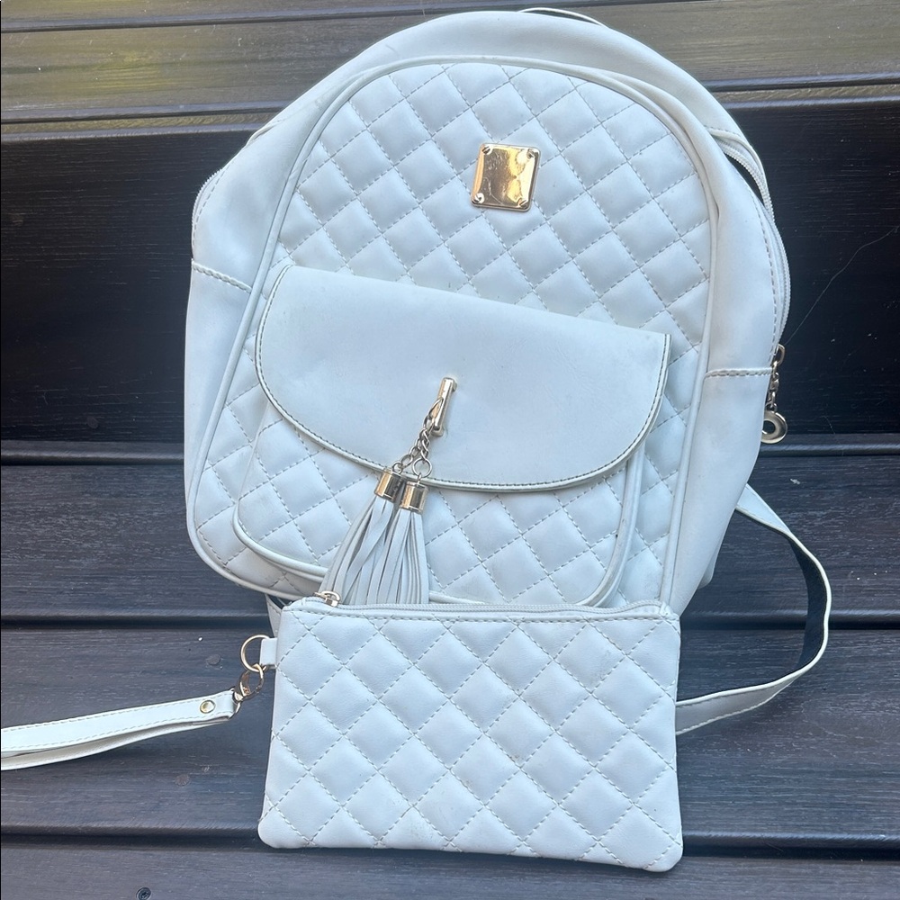 Elegant White Quilted Backpack and Pouch Set